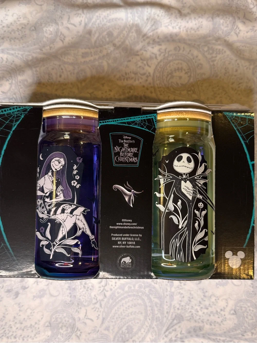 The Nightmare Before Christmas Jack & Sally Glasses, Glass Straws, Bamboo Lid